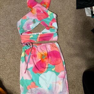 Tiger Mist Floral Backless Skirt SET - Pink and Aqua